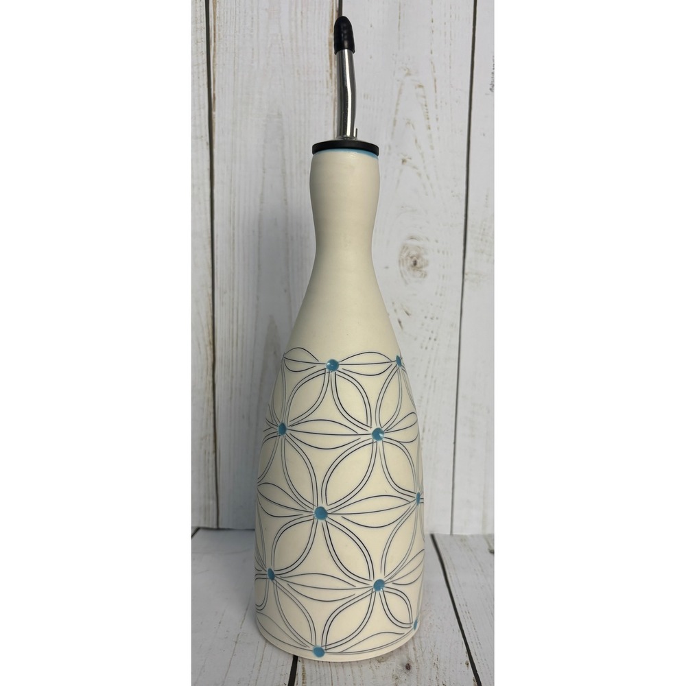 Matt Conlon Signed Ceramic Oil Vinegar Cruet Bottle Blue Flower of Life Pattern